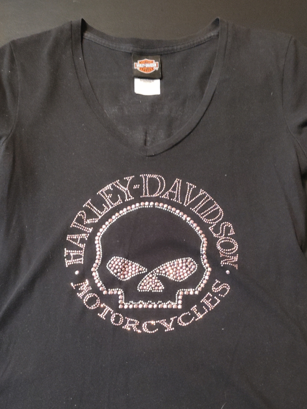 Women's Harley-Davidson Black Tee with Pink Rhinestone Skull